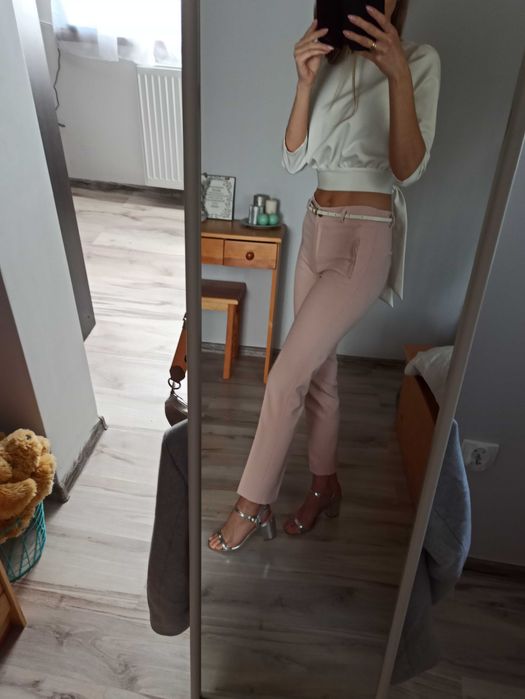 Spodnie pudrowy róż eleganckie na kant proste kobiece XS S m