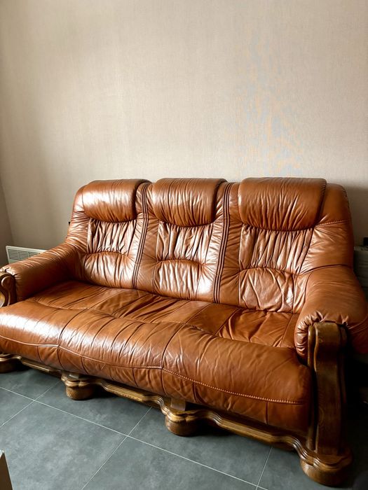 Європейський вінтажний розкладний диван. Масив дуба. Натуральна шкіра