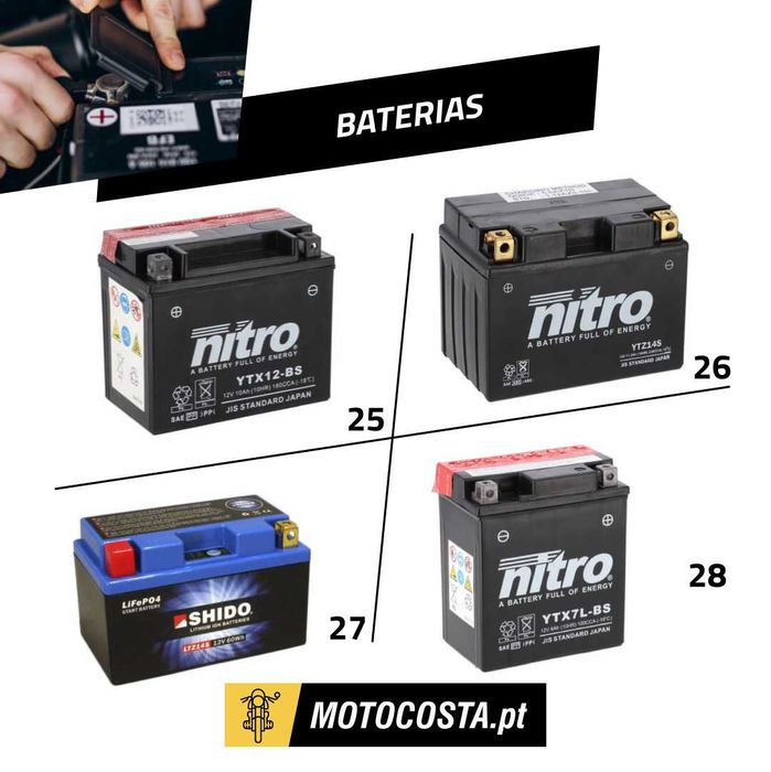 Baterias para Moto, UTV e Lítio – Gama Completa GS, Nitro e Shido – Referências 6V e 12V – Convencionais, Gel e Lítio