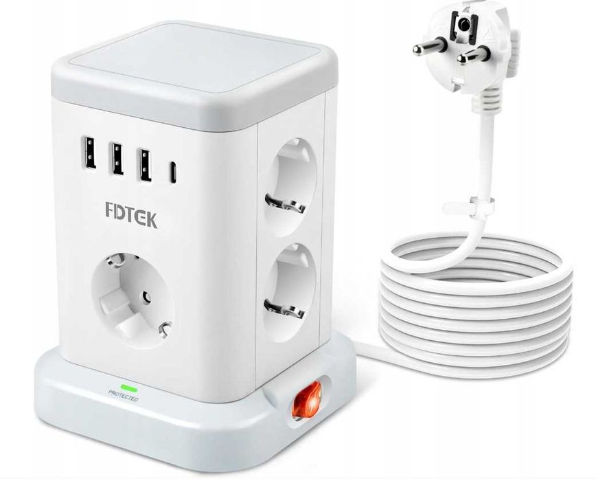 Tessan Słupek Zasilania 7 Gniazd AC 4 Porty USB Przewód 2m 11 gniazd