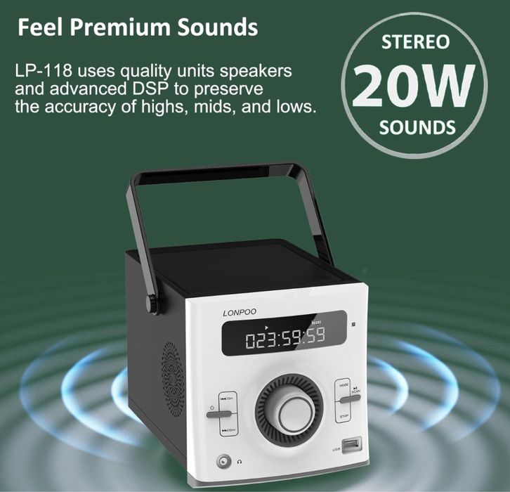 Lonpoo Przenośny odtwarzacz 20 W Stereo Boombox z akumulatorem