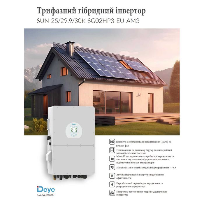 Гібридний інвертор Deye SUN-30K-SG02HP3 високовольтний 3MPPT 30кВт