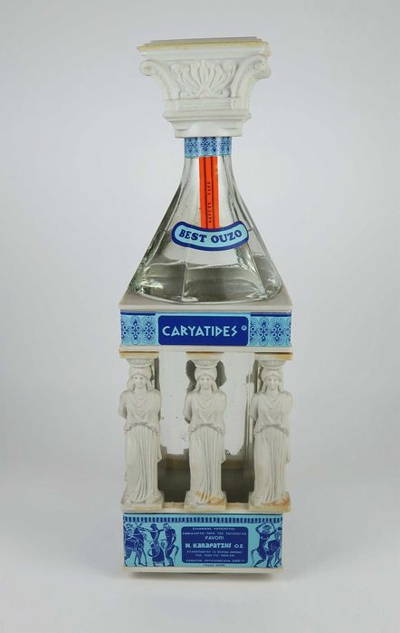 Colecionável, garrafa com figuras cariátides da Acrópole de Atenas