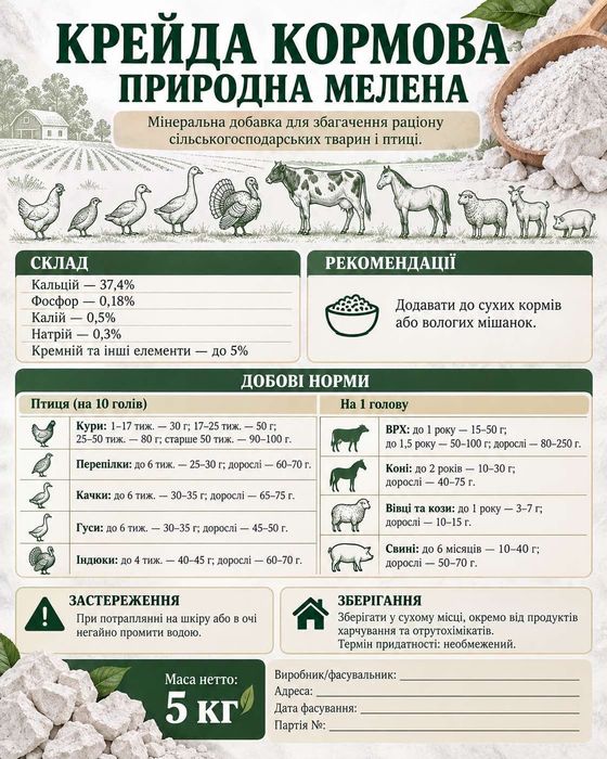 Продається крейда кормова природна мелена