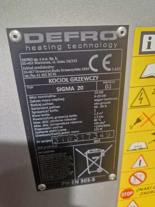 Piec kocioł DEFRO Sigma 20 kw na ekogroszek  klasa 5