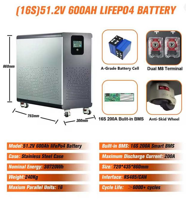 Bateria de lítio (LifePo4) de 30,72kw para sistema solar com wi-fi e bluetooth