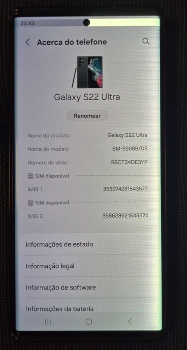 Samsung Galaxy S22 Ultra 5G 8Gb128Gb SM-S908B-DS problema écran