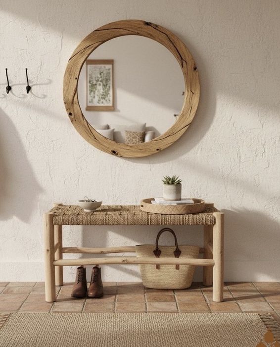 Banco de madeira maciça trançada, artesanato marroquino