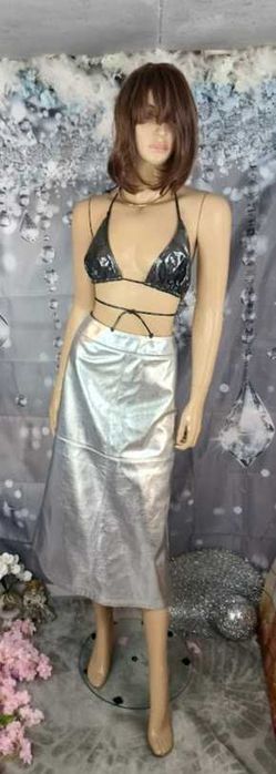 Spódnica srebrna midi M&S A-line ekoskóra metaliczna UK 12 BNWT nowa błyszcząca glam party sylwester Y2K old money vintage chic