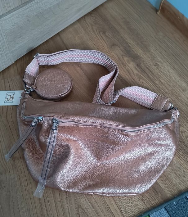 Piękna nerka duża crossbody maxi różowe złoto nowa