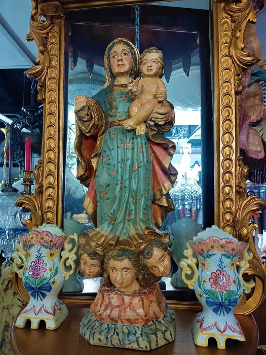 Figura Santa Mãe Com Menino Madeira Séc XVIII XIX
