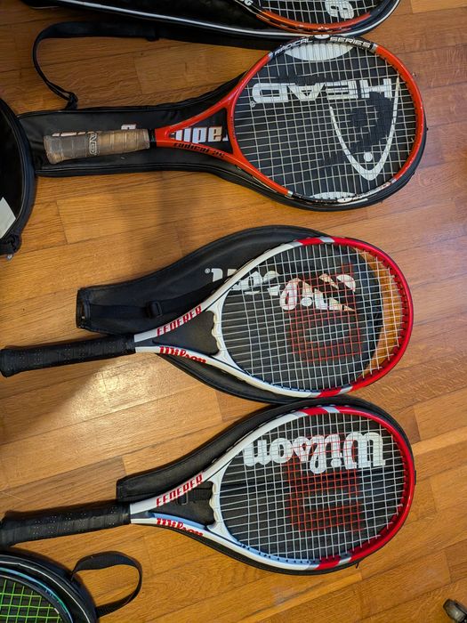 Lote de 12 raquetes de ténis (Head, Wilson, Babolat, Prince), adulto, júnior e criança