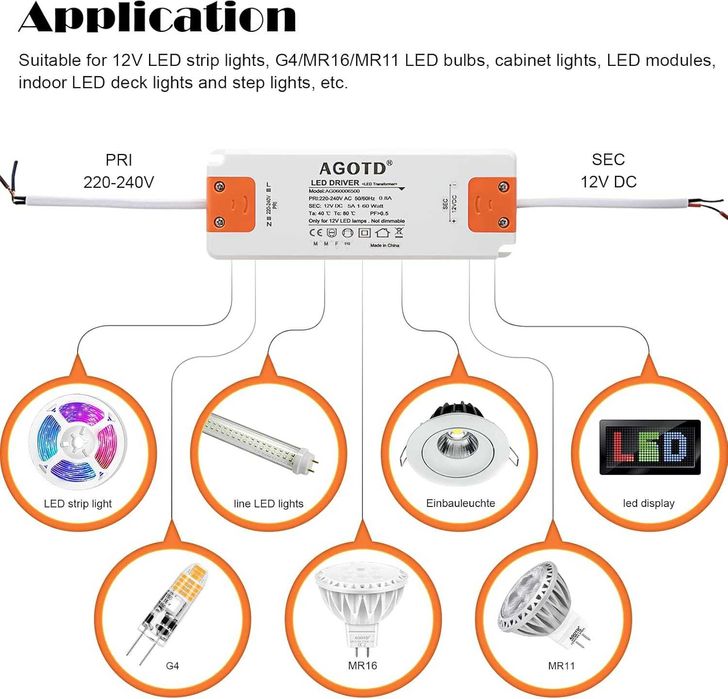 AGOTD sterownik LED 220-240 V 60W .Wyjście DC 12V 5A transformator LED