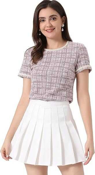 Allegra K bluzka tweedowa dzianinowa kratka perełki elegancka M 38