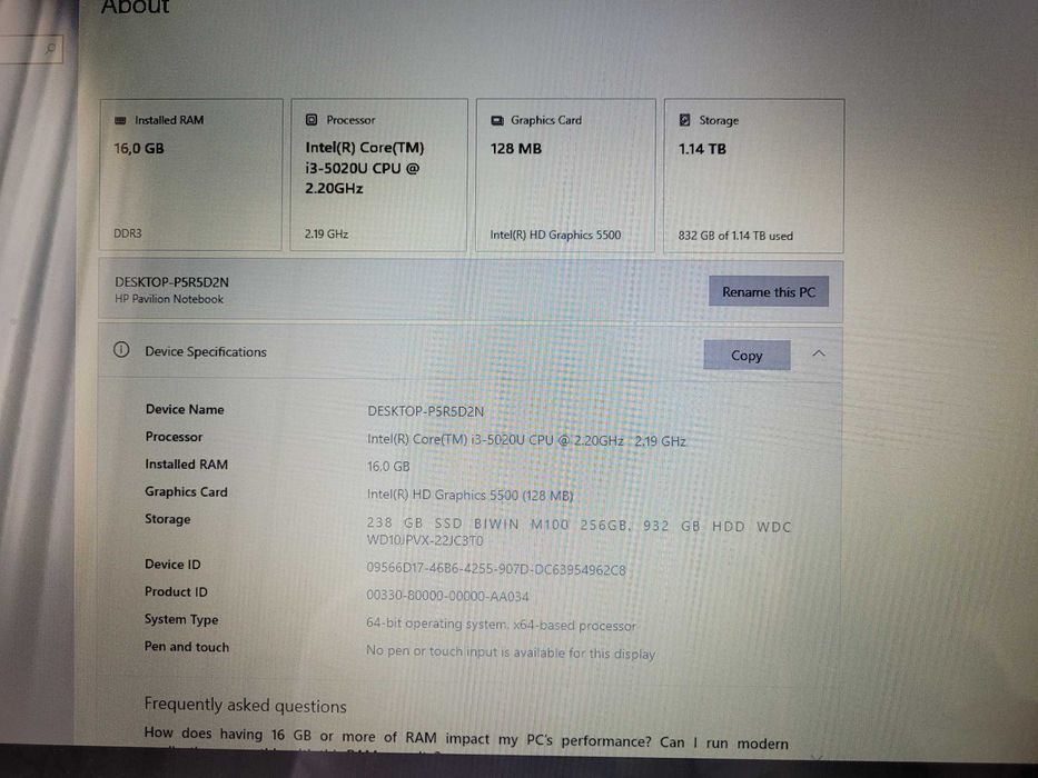 Ноутбук 17" HP Pavillion (Intel i3-5020u/16Gb RAM/256Gb SSD + 1Tb HDD)