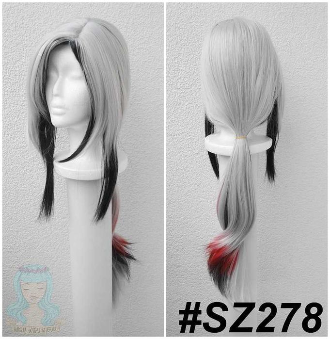 Arlecchino Genshin Impact peruka szara długa z kitką cosplay wig