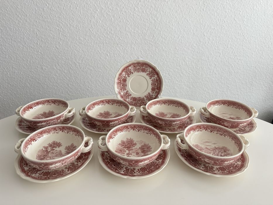 Villeroy & Boch Burgenland – bulionówki ze spodkami, 7 sztuk, czerwony