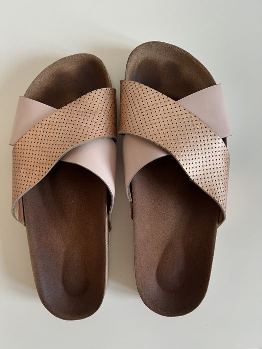 Klapki Wojas 38 złote różowe skórzane beżowe