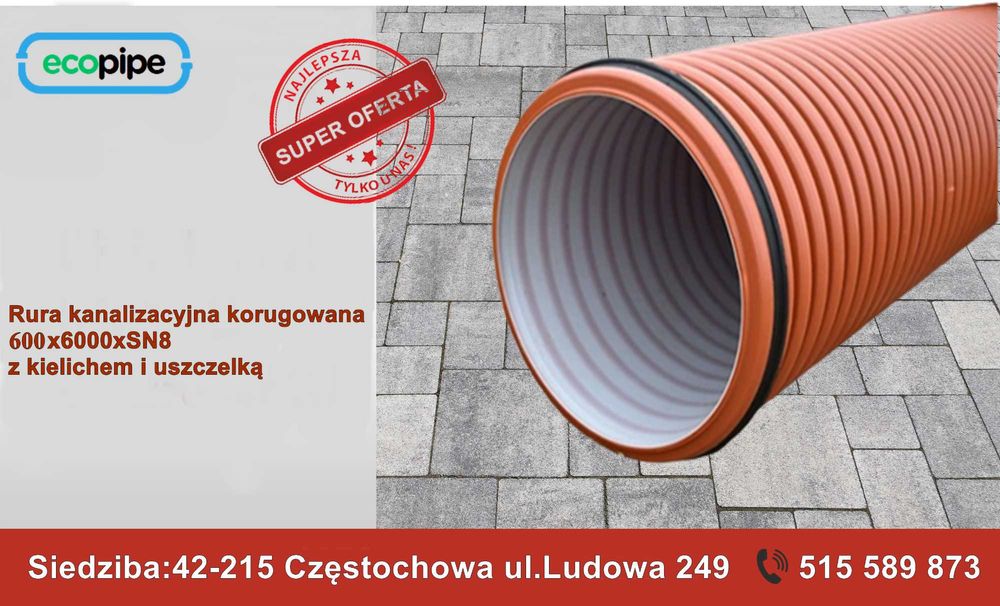 Rura kanalizacyjna fi600 przepustowa przejazdowa mostkowa dwuścienna