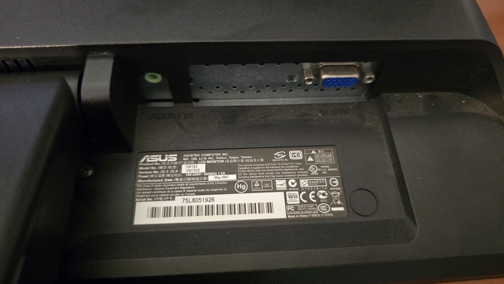 Monitor ASUS VW193S 19" 16:10 1440x900 VGA