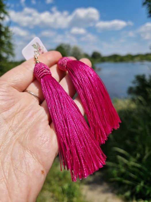 Kolczyki damskie boho różowe wiszące frędzle nowe złote
