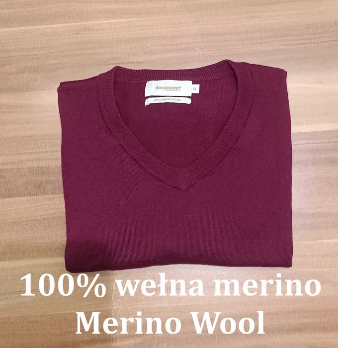 Sweter męski w serek z wełny z merynosa Merino Wool XL fioletowy