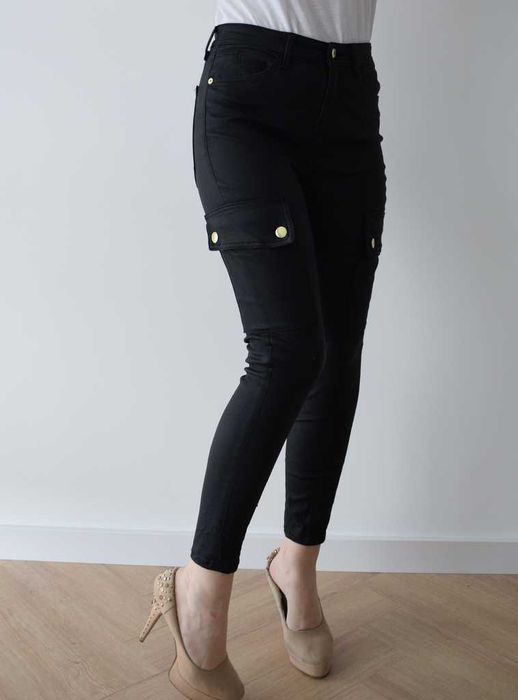 River Island bojówki spodnie rurki wysoki stan woskowane czarne 36 s