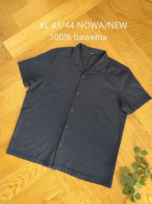 Nowa koszula męska XL 43/44 bawełna krótki rękaw jak lniana granat