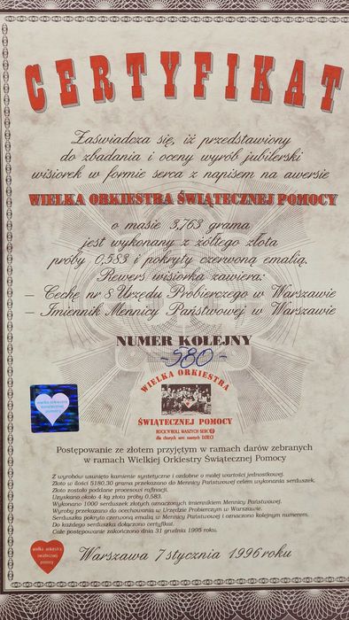 Złote Serduszko WOŚP z 1995 roku – Nr 580 (Unikat Kolekcjonerski)
