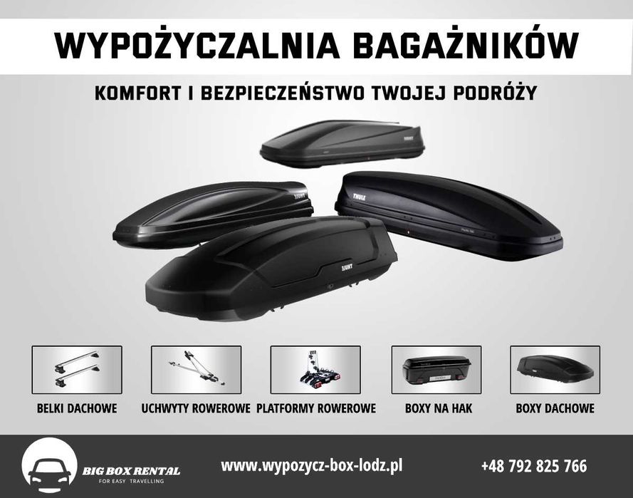 Wynajmę BOX dachowy Thule, belki poprzeczne, platformy rowerowe na hak