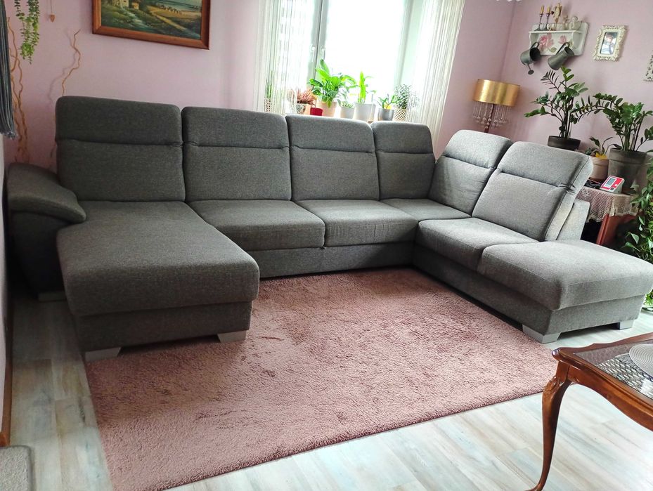 Duży narożnik U szary z funkcją spania używany holenderski firmy H&H