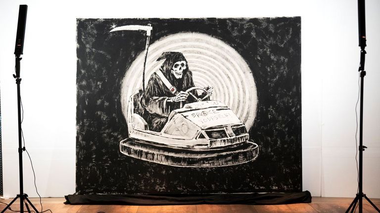 Смерть с косой на машинке (Banksy)