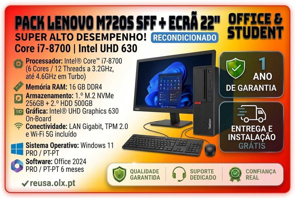 Pack Lenovo ThinkCentre M720s + Ecrã 22" | i7 8.ªGen | 16GB RAM | NVMe 256G + HDD 500G | WiFi | W11