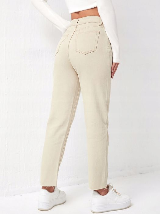 Jeansy Mom Fit Beżowe Wysoki Stan Casual Shein L 40