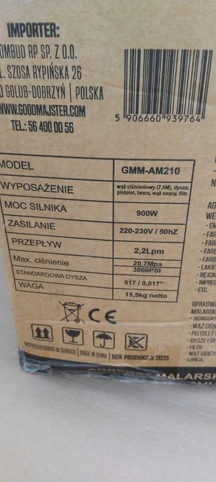 AGREGAT MALARSKI Hydrodynamiczny 900W 3000PSI 210BAR Wąż 15M