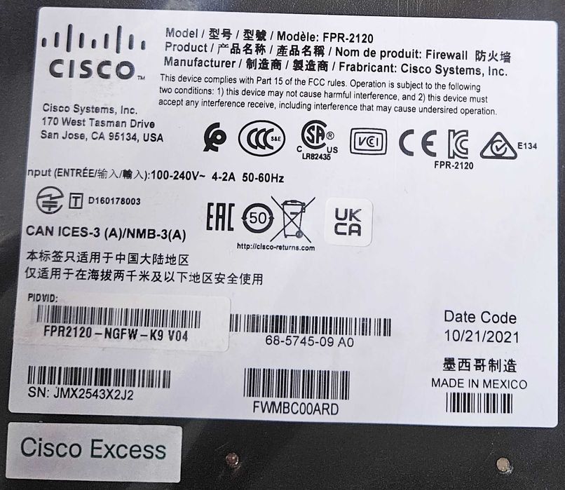 Cisco Firepower FPR-2120 NGFW Firewall 3000 Mbit/s Firewalls(Hardware)