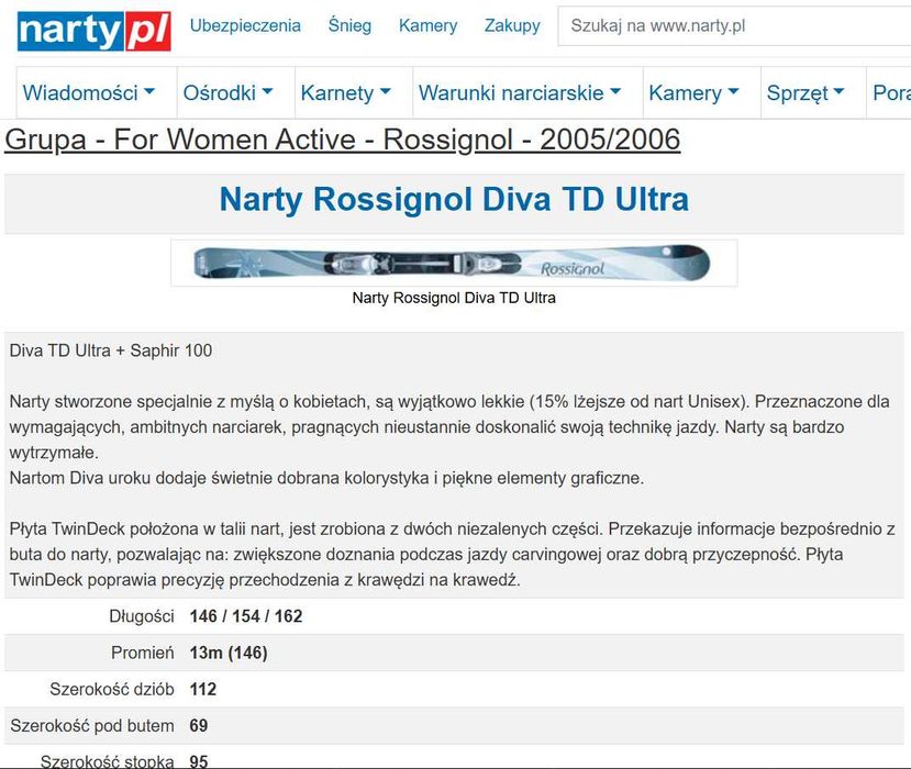 Narty zjazdowe damskie 162 Rossignol Diva TD Ultra + Saphir 100