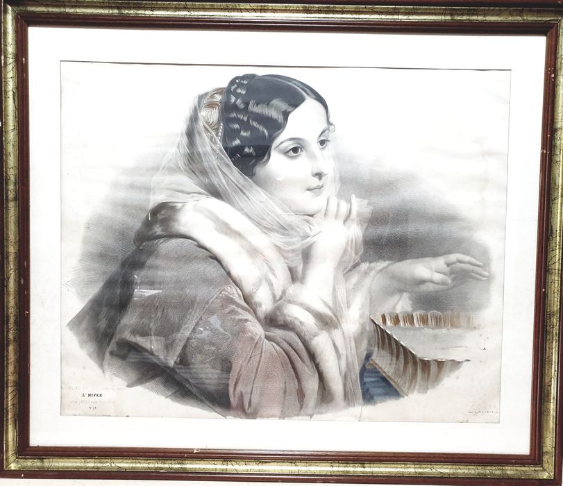 Grande antiga litografia francesa "retrato de uma mulher" emoldurada