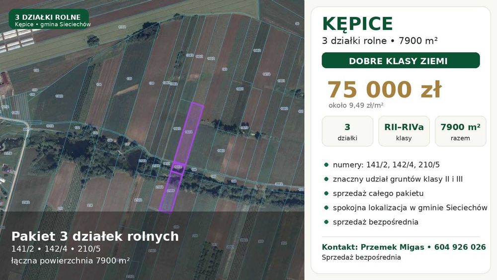 Kępice – 3 działki rolne 7900 m² -  klasy II–IVa  - 75 000 zł