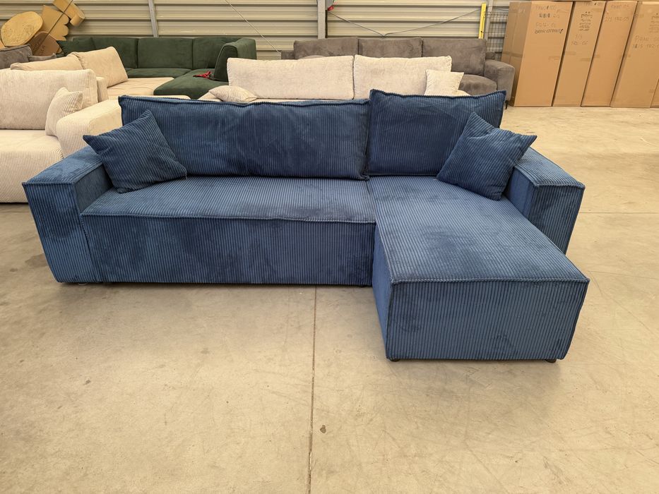 Nowy mały narożnik uniwersalny niebieski funkcja spania i pojemnik na pościel wyprzedaż outlet ostatnia sztuka sofa kanapa do salonu