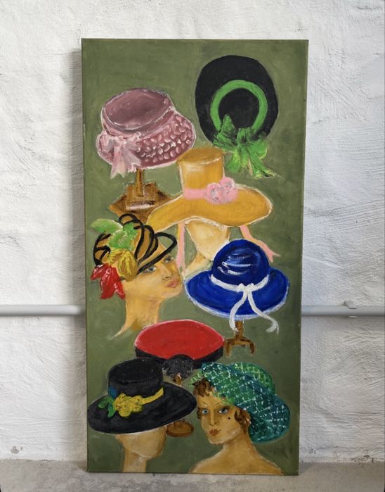 Pintura a Óleo Vintage com Composição de Chapéus e Manequins