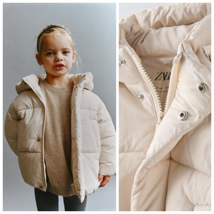 ZARA 2L kremowa zimowa kurtka pikowana ocieplana polarem ecru biala