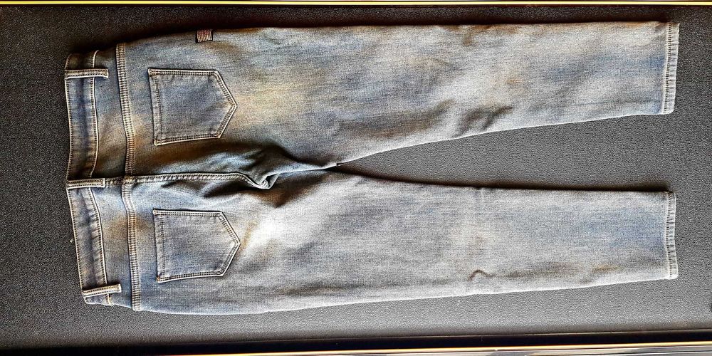 Spodnie jeans LV stretch, slim naszywki, przetarcia, roz.XL