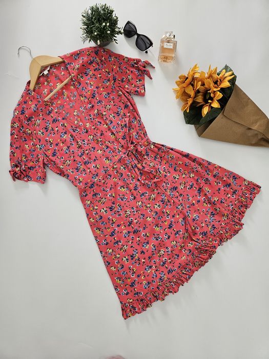 Sukienka letnia midi wiązana wiskoza 100% różowa kwiaty Marks&Spencer