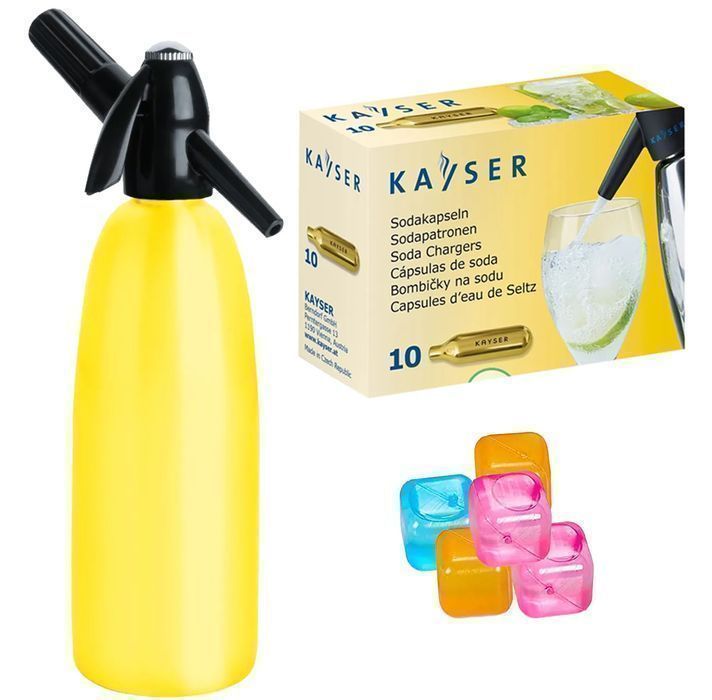 Saturator syfon do wody gazowanej żółty 1L + 10 naboi + 5 kostek lodu