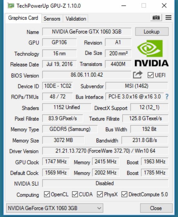 MSI GAMING X 1060 3gb