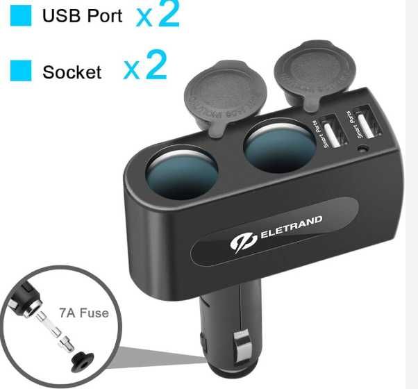 Eletrand 2-gniazdkowy adapter zapalniczki 12/24V DC dwa porty USB