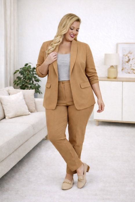 Garnitur damski klasyczny marynarka wąskie spodnie karmel beż Plus size 6XL