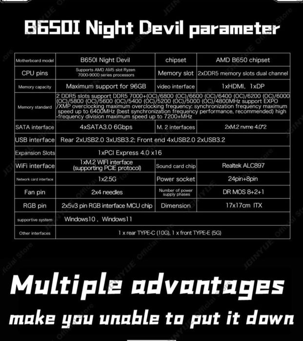 JGINYUE B650i Night Devil  Mini ITX Socket AM5 KomputeryPC