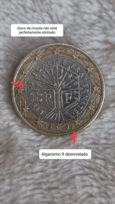 Moeda de 1euro de 1999 com erros de cunhagem